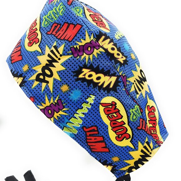 Pow! Zap Zoom Comic Book Super Hero Action Words Surgical Scrub Cap Medical Cap - Picture 1 of 3